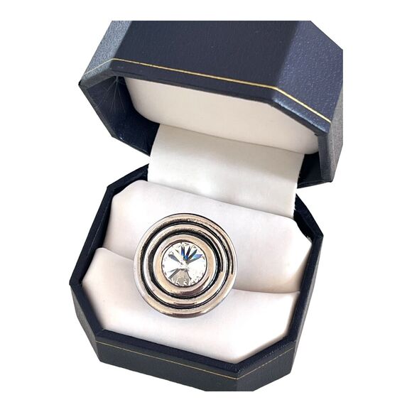 DESIGNER STATEMENT RING Size 5 Silver Clear Rivoli Crystal Enamel Adjustable 5Z - Picture 6 of 7
